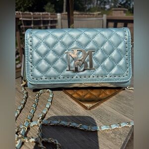 NWT! Badgley Mischka Pearl blue Quilted Clutch with Chain Strap Crossbody Bag